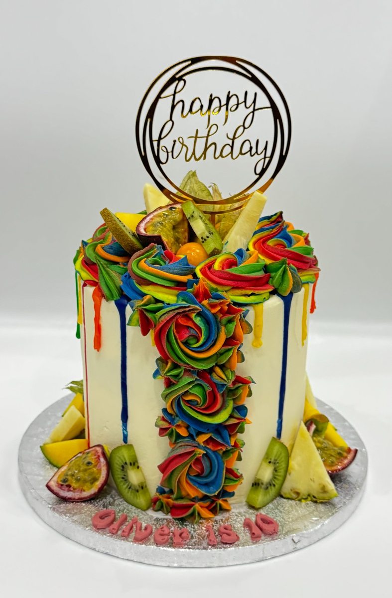 Rainbow fruit drip cake